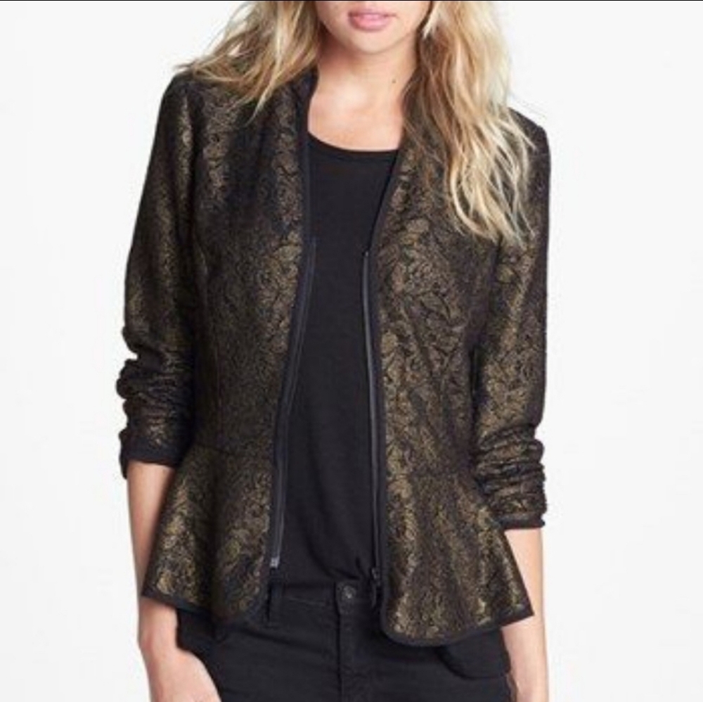 HINGE |  Metallic Lace Peplum women's blazer jacket Black & Gold Small
